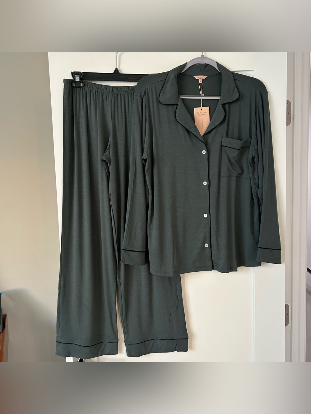 NWT New Eberjey Gisele TENCEL™ Modal Long PJ Set in Green/Black Size Small